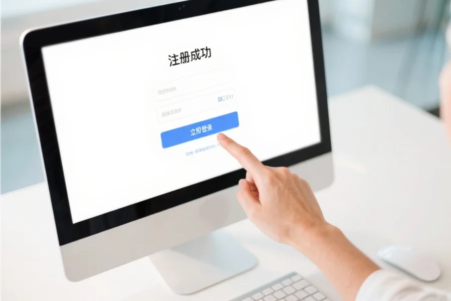 电脑屏幕上显示“注册成功”，一只手在点击“立即登录”按钮，背景为清新明亮的办公桌