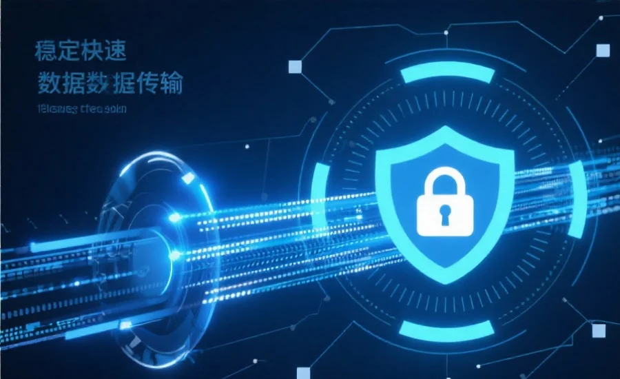 抽象风格显示稳定快速的数据传输与安全保护，包含数字流和锁定图标，科技感十足