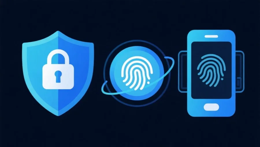 数字化安全图标组合，包括盾牌、锁、指纹和设备显示屏，象征多重安全措施