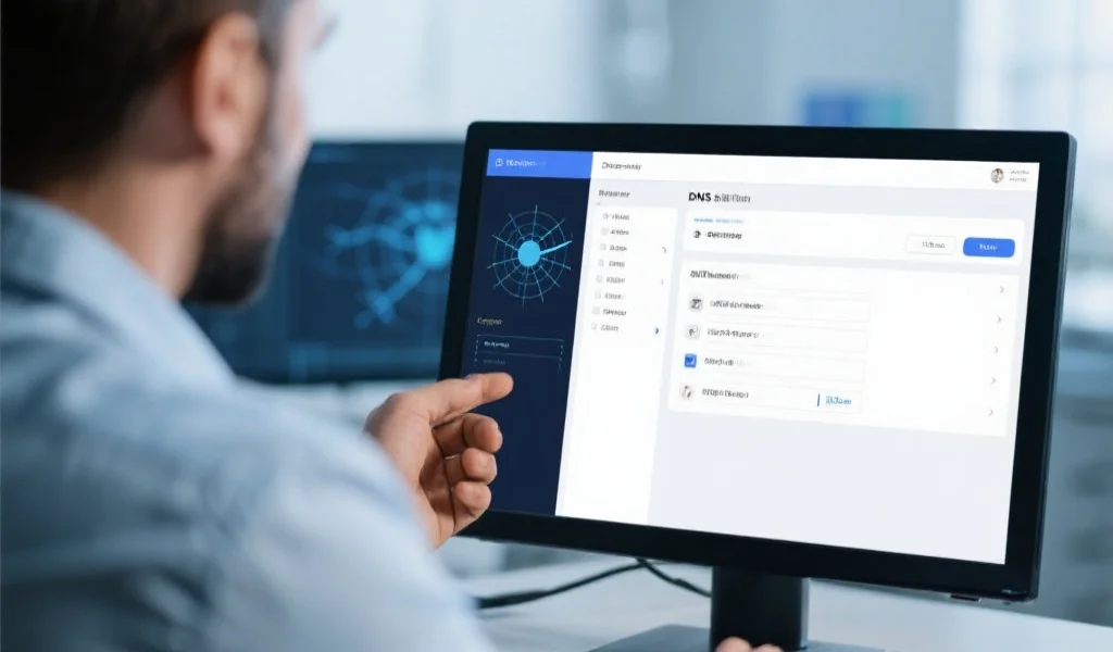 一位技术支持人员正在为用户提供远程协助，屏幕上显示着网络连接和DNS设置界面，背景清晰专业
